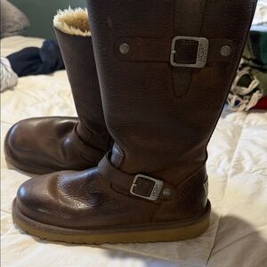 UGG Brown Leather Shearling-Trim Buckle Boots